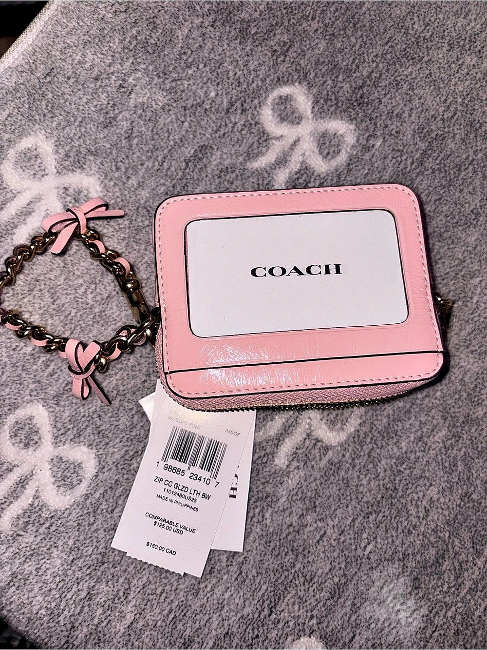 Coach Zip Card Case Pink w/ bows NWT